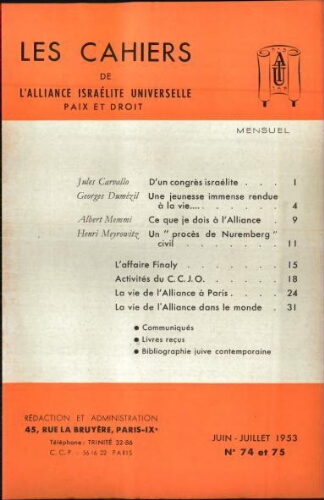 Les Cahiers de l'Alliance Israélite Universelle (Paix et Droit).  N°074-075 (01 juin 1953)